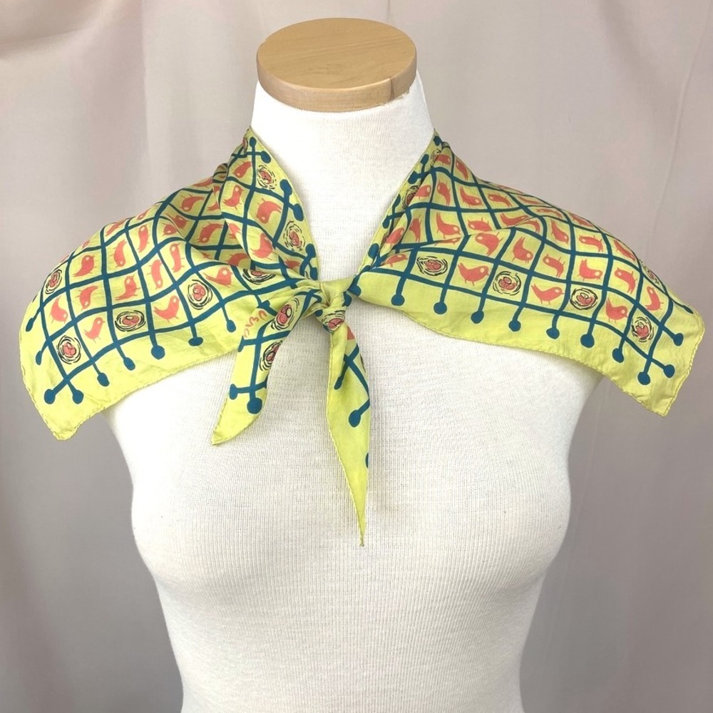 Vintage VERA MCM Scarf 17" Silk Wing Tip Neck Scarf Mod Birds Graphic Yellow